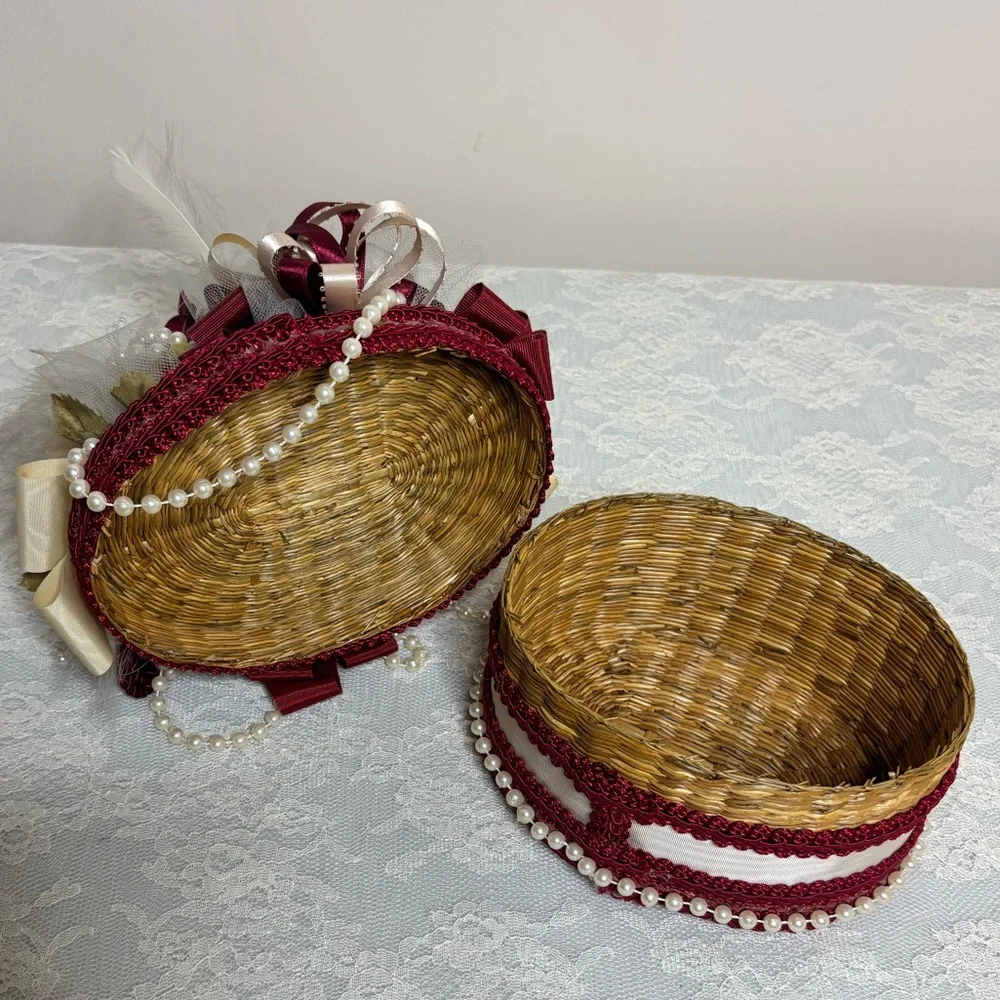 Victorian Lovers Box Handcrafted Woven Wicker Trinket Box Silk Satin Lace Pearls
